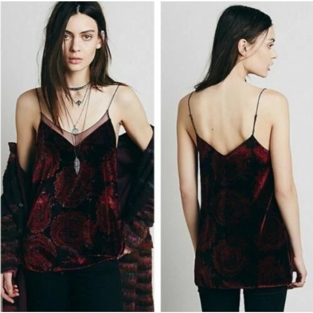 Free People Drippy Velvet Tank Top Cami Paisley Purple Red XS Boho Goth Vamp